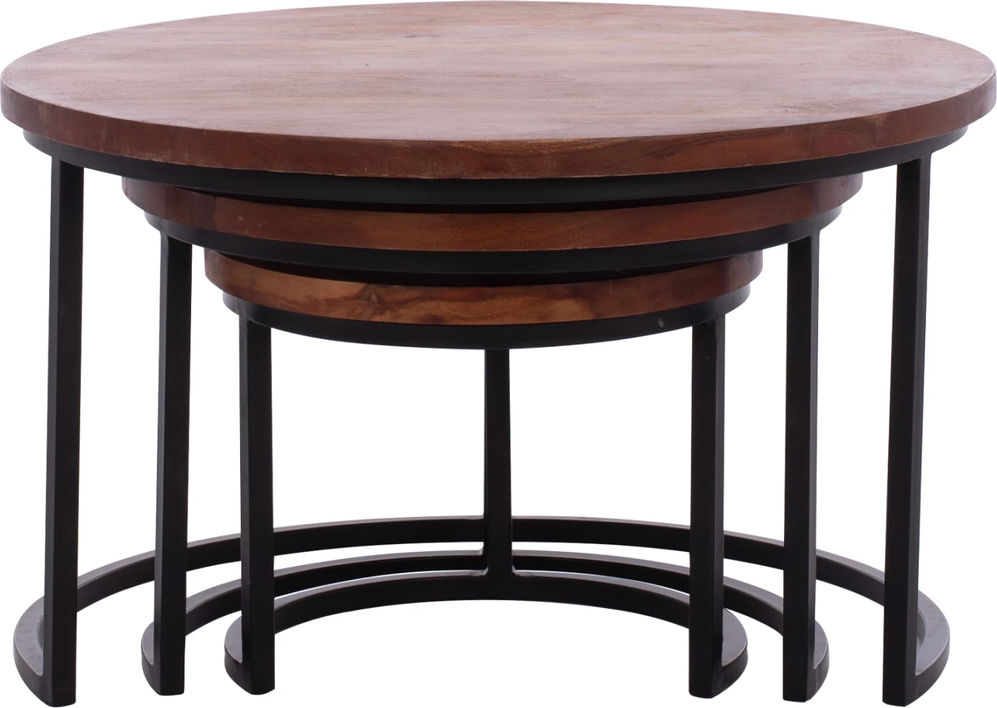 Set 3 tavolina zigon, dru akacie, këmbë metalike të zeza, 78x78x47cm