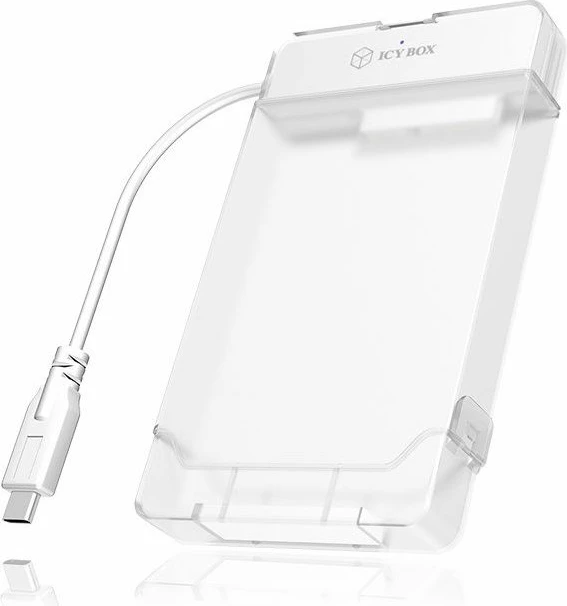 Kasë e jashtme për disk ICYBOX IB-AC703-C USB-C 3.2 Gen 1 për 2.5\" SATA HDD/SSD, 5Gb/s, UASP, e bardhë transparente, set me kapak mbrojtës + kabllo USB-C