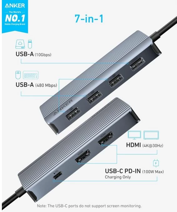 Hub USB-C ANKER A8374 7-në-1, HDMI 4K@60Hz, PD 100W, 10 Gbps, SD/microSD, gri