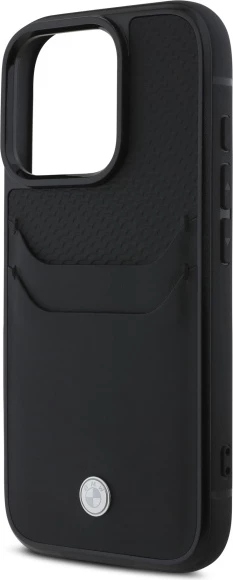 Mbështjellës BMW Sign prej lëkure për iPhone 16 Pro Max, i zi