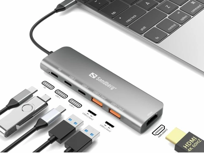 Stacion dokimi USB-C SANDBERG 136-65, HDMI, 2x USB-A, 2x USB-C, PD 100W, 4K/60Hz, argjend