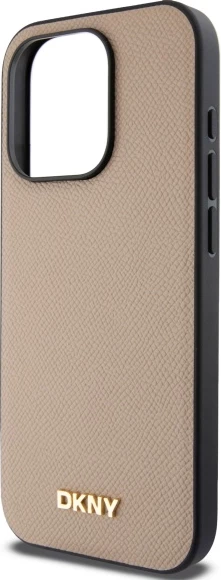 Mbështjellës DKNY Grained Metal Logo MagSafe për iPhone 15 Pro Max, Bezhe