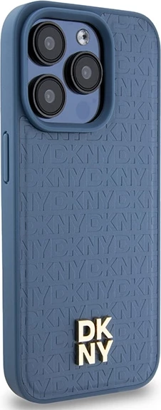 Mbështjellës DKNY Leather Monogram Pattern Metal Logo MagSafe për iPhone 15 Pro, Kaltër