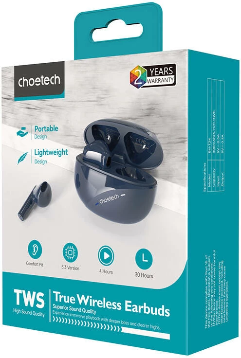 Kufje TWS Choetech BH-T24, Bluetooth 5.3, me mikrofon, Blu e errët