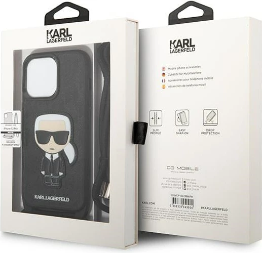 Mbështjellës Karl Lagerfeld Leather Monogram Patch and Cord për iPhone 13 Pro/13, E zezë