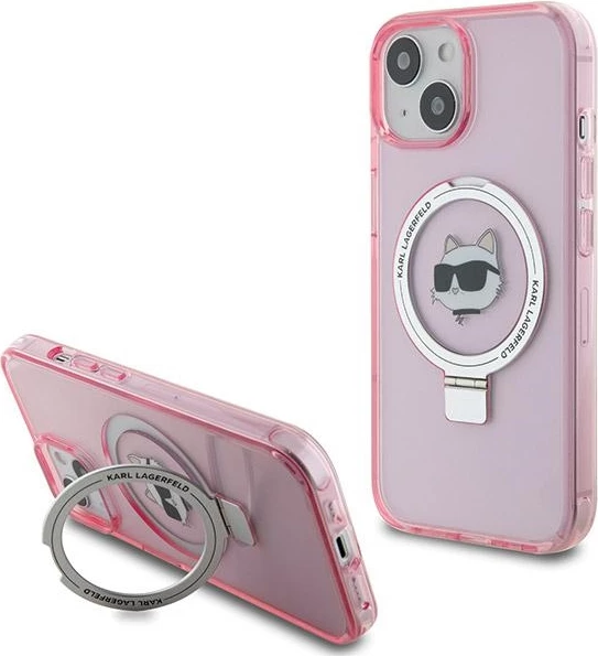 Mbështjellës Karl Lagerfeld KLHMP15SHMRSCHP për iPhone 15 6.1", hardcase me ring stand MagSafe, rozë