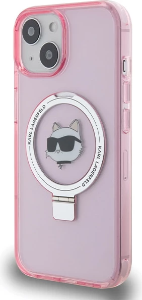 Mbështjellës Karl Lagerfeld KLHMP15SHMRSCHP për iPhone 15 6.1", hardcase me ring stand MagSafe, rozë