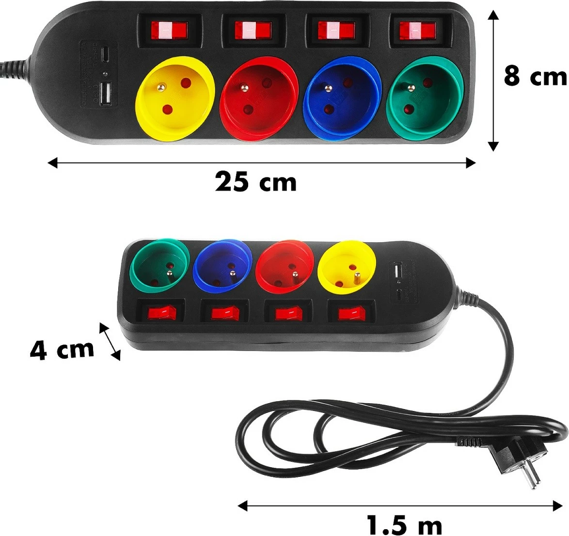 Listë zgjatjeje Maclean MCE508 B, 4 dalje, 1.5m, 2x USB (A/C), e zezë