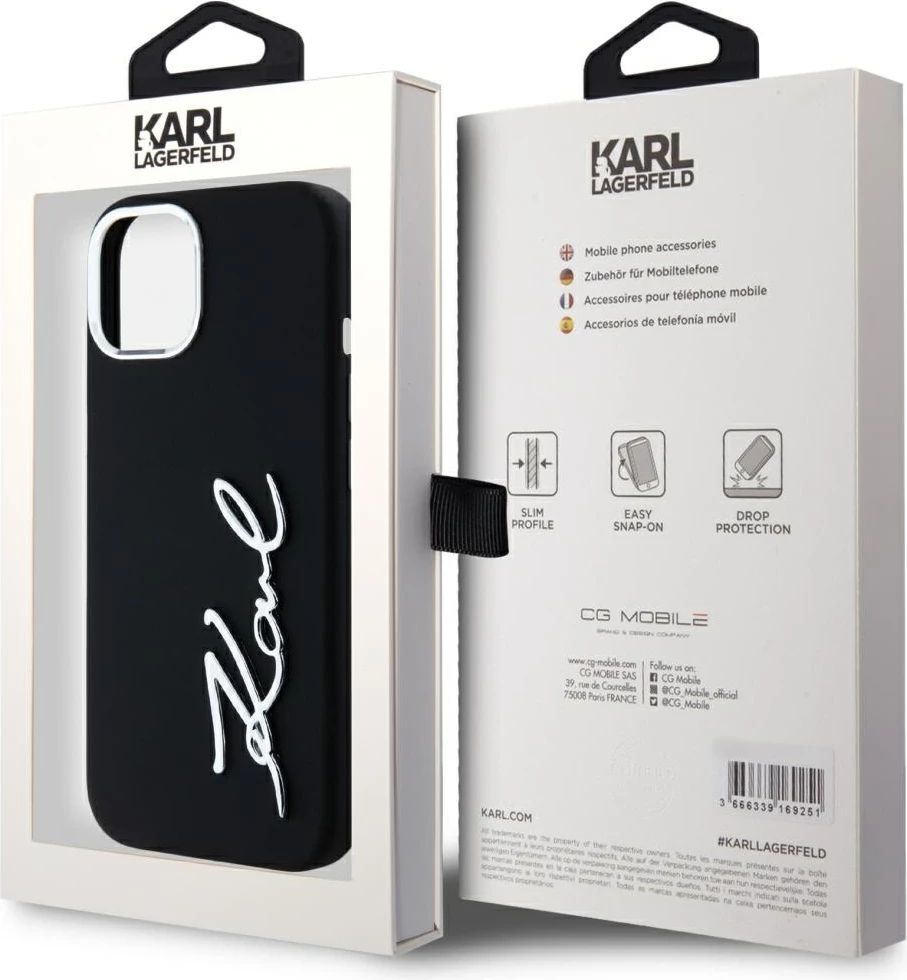 Mbështjellës Karl Lagerfeld Silicone Metal Script Logo për iPhone 15, i zi