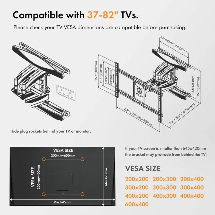 Mbajtëse muri për TV VonHaus 3000296, 37-82\", deri 45kg, tilt +5°/-8°, rrotullim 160°, VESA 200x200-600x400, e zezë