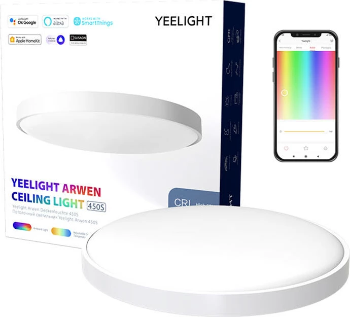 Llambë tavani smart, Yeelight, Arwen 450S YLXD013, 50W, 3000 lm, Ø455 mm, CCT 2700–6500K, CRI Ra90, Wi‑Fi/Bluetooth, RGB ambient, HomeKit/Alexa/Google/SmartThings, e bardhë, me telekomandë