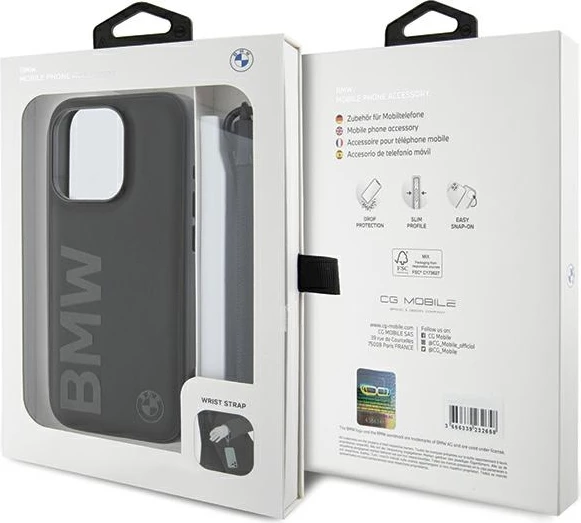 Mbështjellës BMW Signature Leather Wordmark Cord për iPhone 15 Pro, lëkurë, i zi