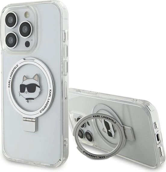 Mbështjellës Karl Lagerfeld KLHMP15XHMRSCHH për iPhone 15 Pro Max 6.7", Ring Stand Choupette Head, MagSafe, Bardhë