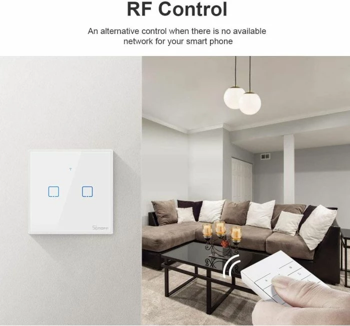 Switch muri smart SONOFF T2EU2C-TX, Wi‑Fi + RF433, 2 butona, bardhë