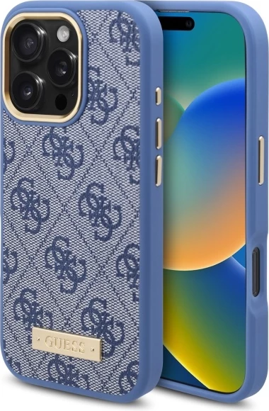 Mbështjellës Guess 4G Logo Plate MagSafe për iPhone 16 Pro, Kaltër