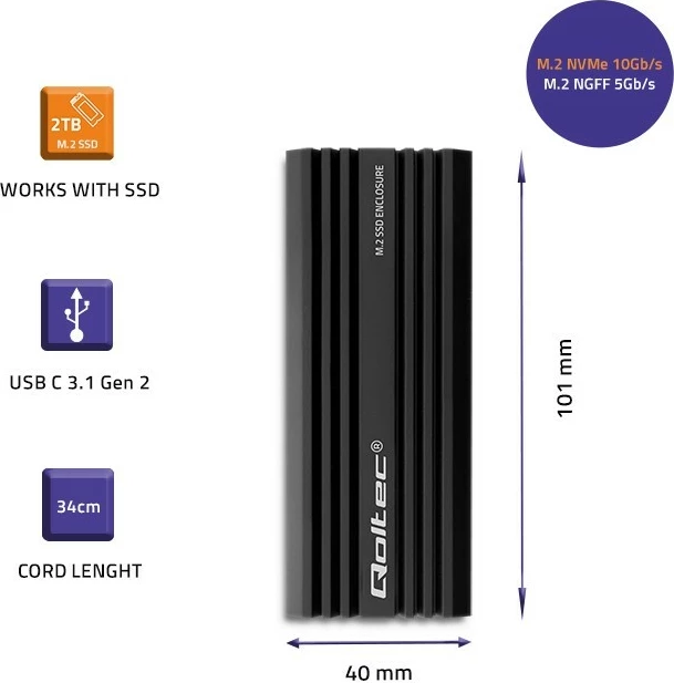 Kasë Qoltec NV2270 për SSD M.2 SATA/NVMe, USB-C, 2TB, e zezë