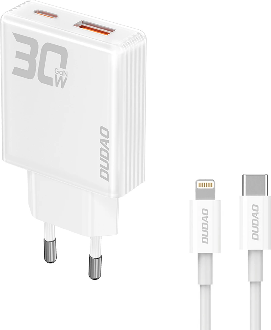 Karikues muri Dudao A30EUL, GaN, 30W, 2 porta USB-A/USB-C, me kabllo USB-C në Lightning, Bardhë