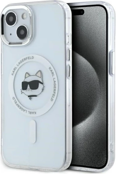 Mbështjellës Karl Lagerfeld IML Metal Choupette Head MagSafe për iPhone 15, Bardhë