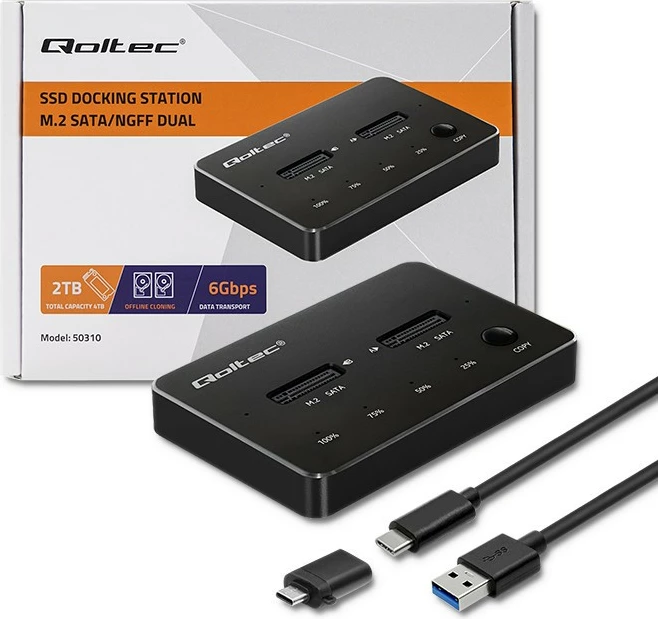 Kasë docking Qoltec 50310 për 2x SSD M.2 SATA NGFF, USB Type C, e zezë