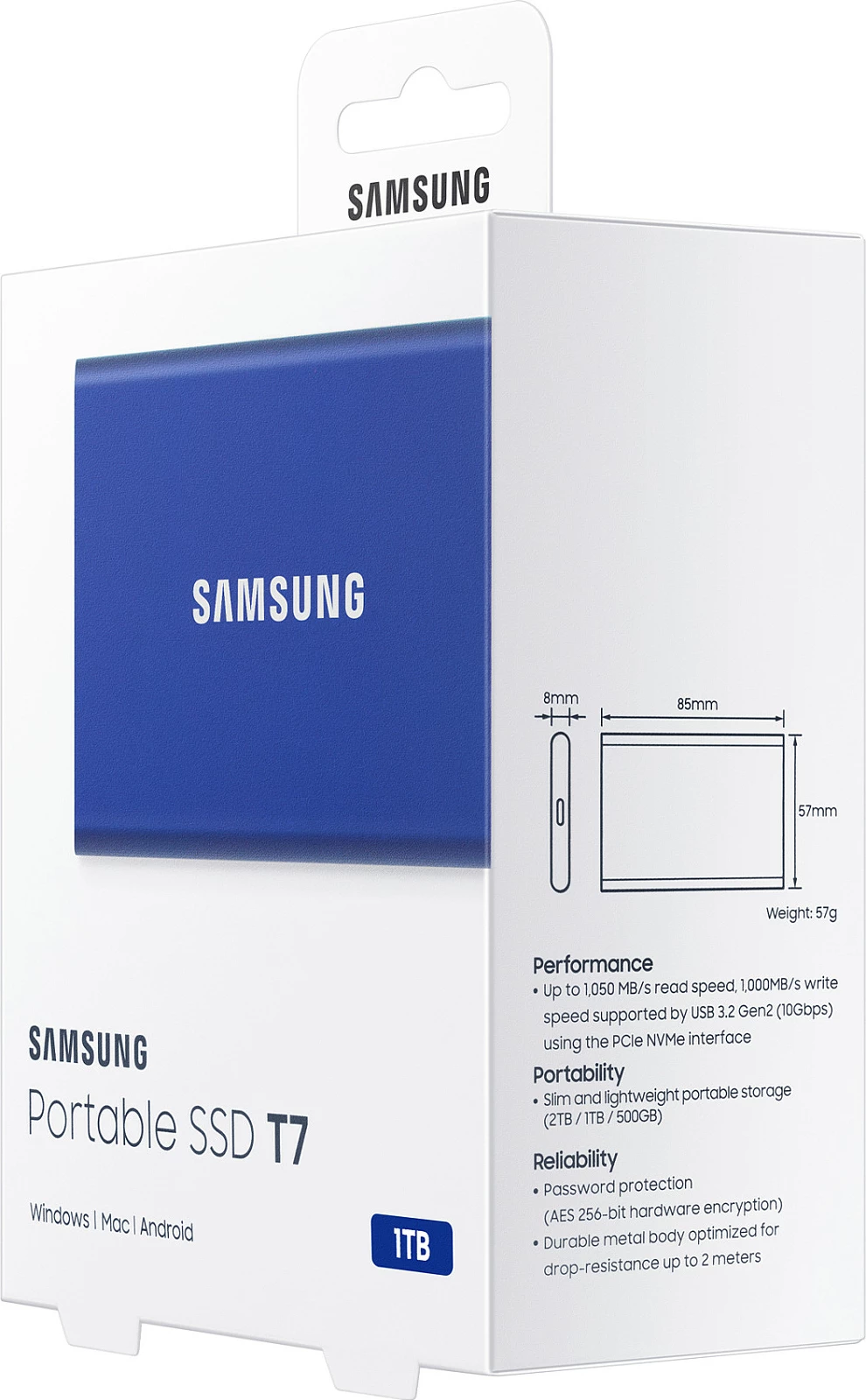 SSD portabël Samsung T7, 1 TB, USB Type-C, 3.2 Gen 2, Blu