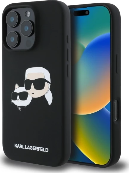 Mbështjellës Karl Lagerfeld Silicone Case Heads Print MagSafe për iPhone 16 Pro, i zi