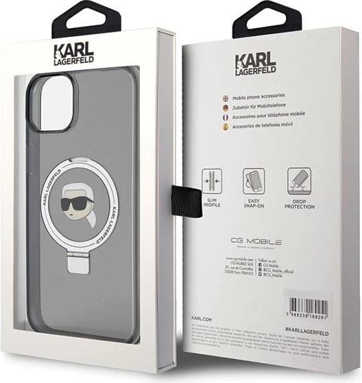 Mbështjellës Karl Lagerfeld KLHMP15SHMRSKHK për iPhone 15 6.1", me unazë Ring Stand, MagSafe, zi