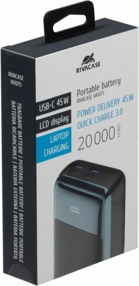Powerbank Rivacase VA1075 20000mAh 45W QC3.0/PD me LCD, e zezë