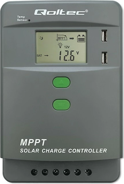 Kontrollues karikimi diellor MPPT, Qoltec 53663, 40A 12V/24V, LCD, 2xUSB, Bluetooth, sensor temperature, APP, për GEL dhe LiFePO4, gri/jeshile