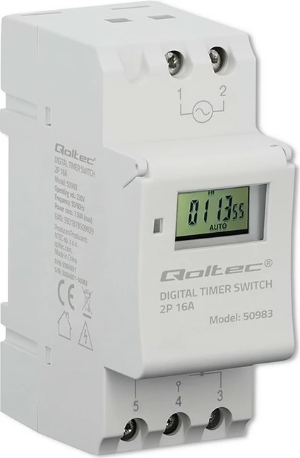 Programator kohor elektronik për shinë DIN, Qoltec 50983, 7 ditësh, 16 programe, bateri e integruar, 16A/3600W, i bardhë