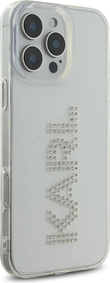 Mbështjellës Karl Lagerfeld IML Rhinestones Logo për iPhone 16 Pro, Transparent
