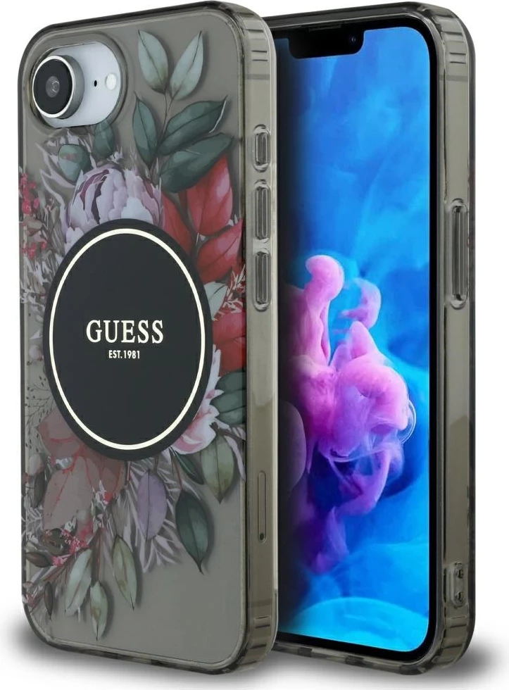 Mbështjellës Guess IML Flowers MagSafe për iPhone 16e, i zi