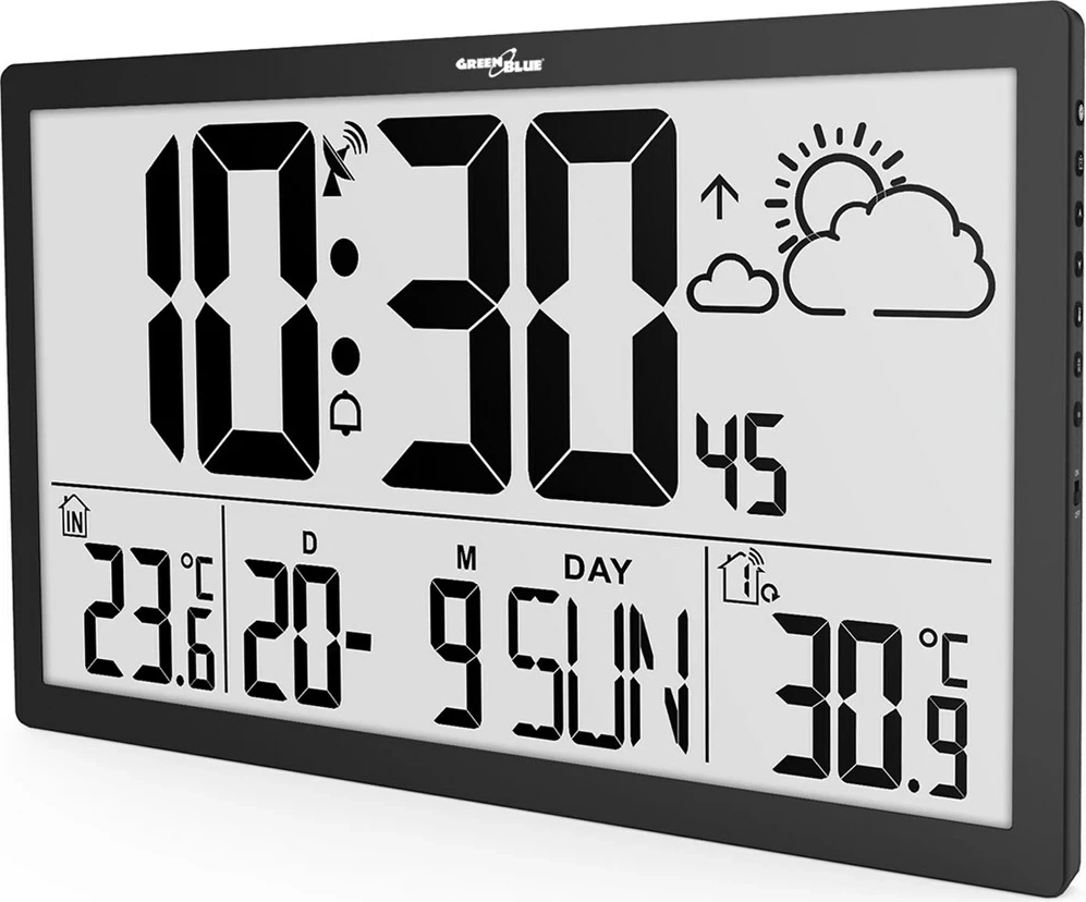 Orë muri GreenBlue GB218, LCD e madhe, me stacion moti, e zezë