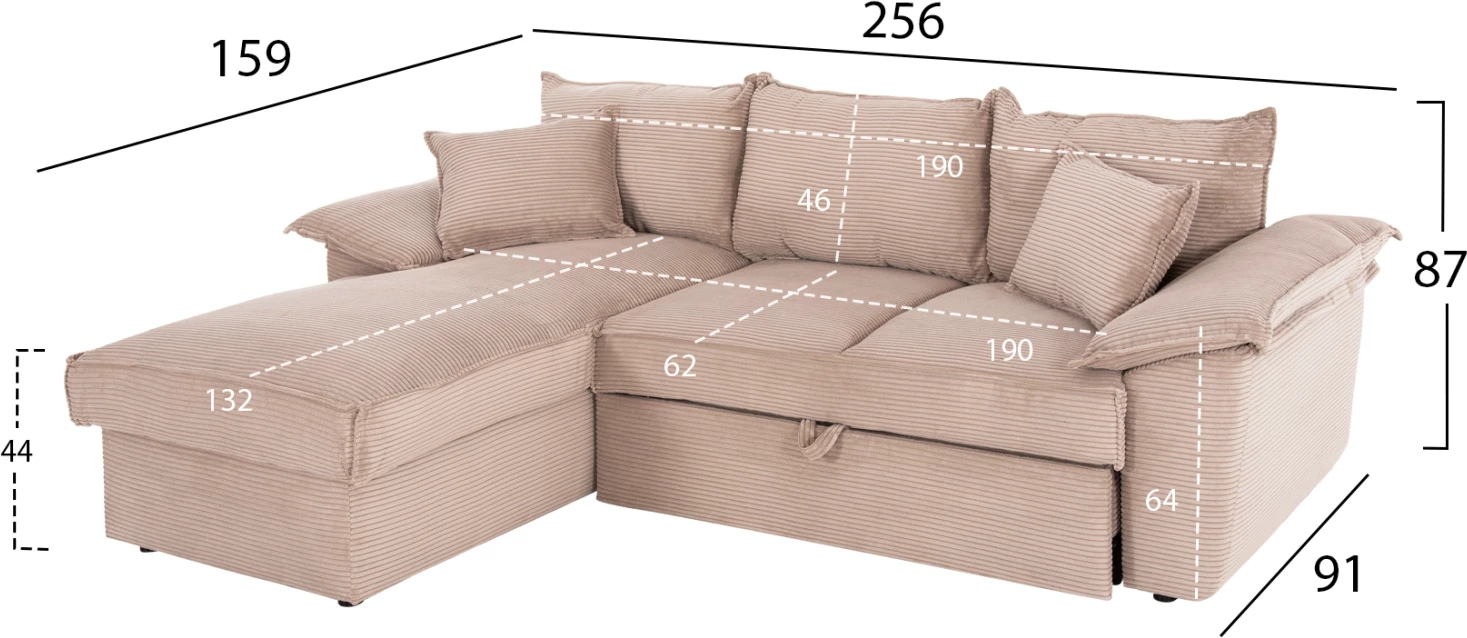 Divan këndor (majtas) me hapësirë ruajtjeje ALDO FH3276.01L, pëlhurë bezhë, 256x91-159x87H cm