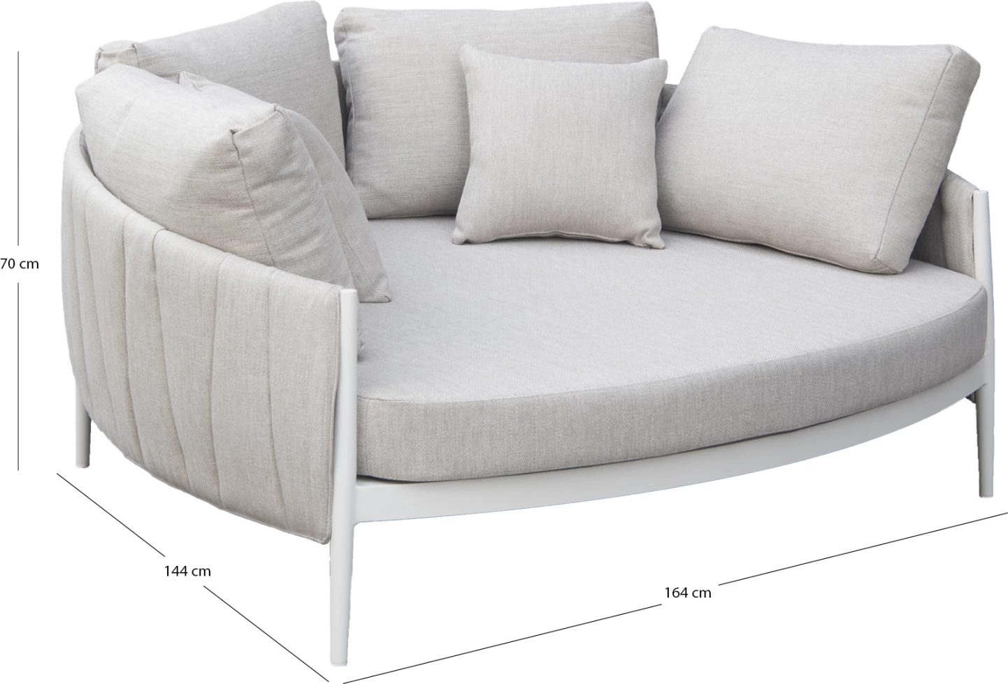 Daybed gjysmë-rrethore për dy persona, alumin, ngjyrë krem e bardhë, pëlhurë OLEFIN & rrip, 164x144x70cm