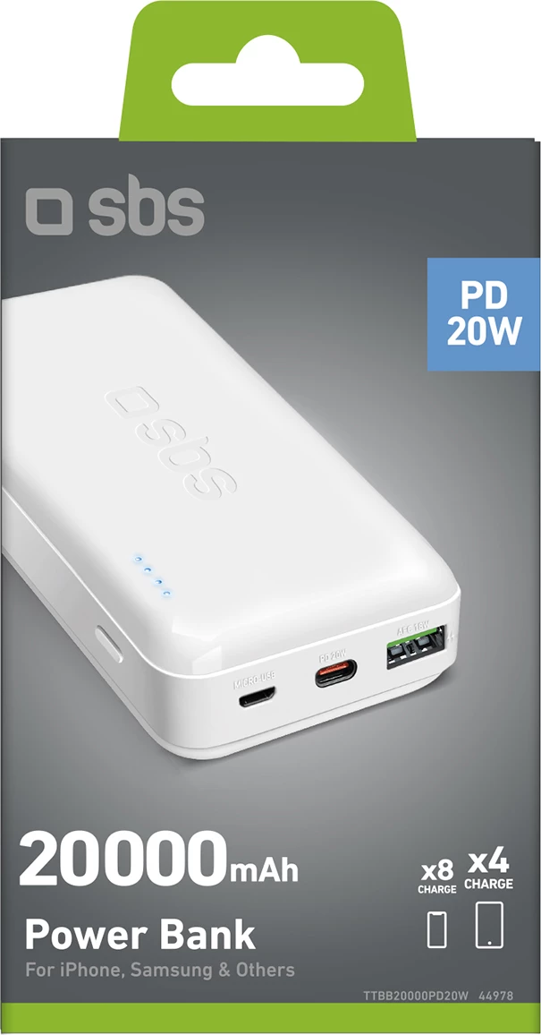 Powerbank SBS TTBB20000PD20W 20000 mAh, 20W, me USB-C, USB-A, Micro-USB, e bardhë