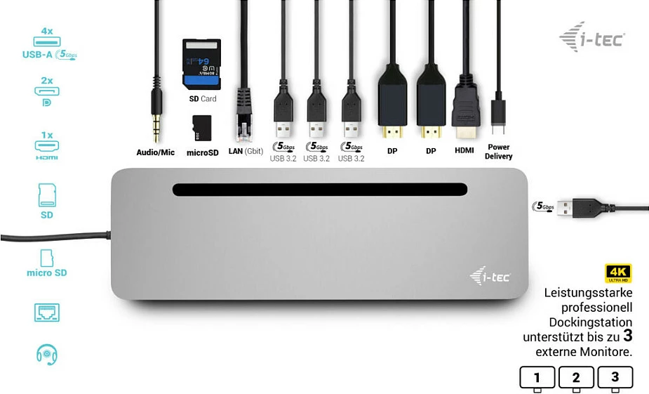 Docking station I-Tec USB-C Metal Ergonomic 3x 4K, 100W, argjendtë