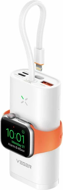 Powerbank VEGER W1162S 10000mAh MagFan me kabllo të integrume Type-C në Lightning, karikues Apple Watch dhe stand, 25W, i bardhë