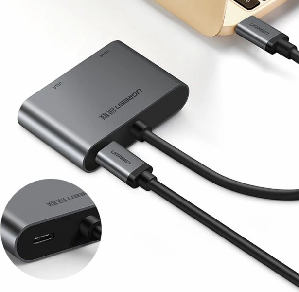 Adapter USB-C në HDMI + VGA me PD, UGREEN 50505, 4K@30Hz, 1080p@60Hz, kabllo 25 cm, gri, me kuti