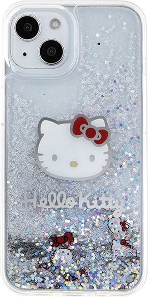 Mbështjellës Hello Kitty Liquid Glitter Charms Kitty Head për iPhone 14, argjend