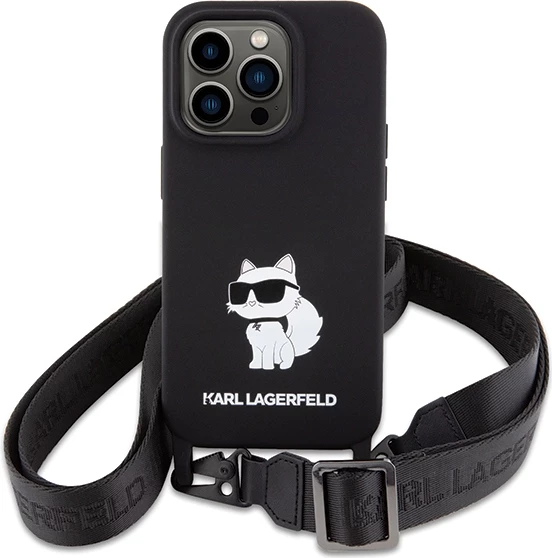 Mbështjellës Karl Lagerfeld Crossbody Silicone Choupette për iPhone 15 Pro Max, i zi, me rrip