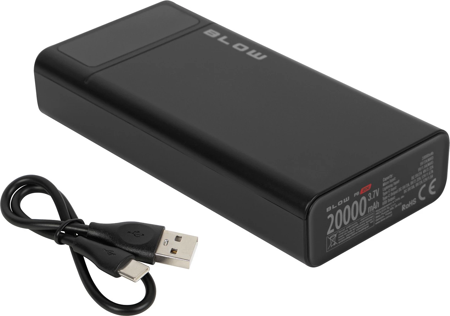 Power bank, BLOW PB20E 20000mAh QC 3.0 + PD 22.5W, USB-C + 2x USB-A, me ekran LED, e zezë