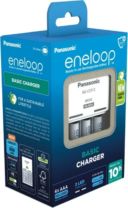 Karikues baterish Panasonic Eneloop Basic BQ-CC51 me 4x AAA 800 mAh, Bardhë