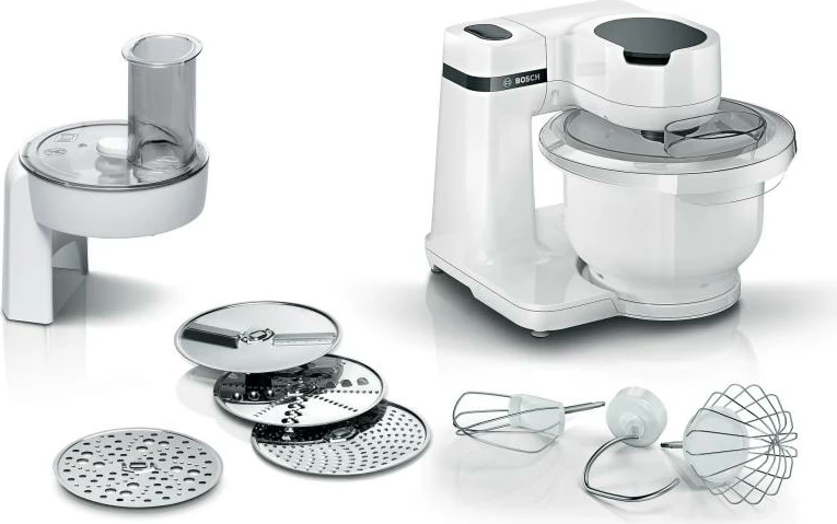 Robot kuzhine Bosch MUMS2AW01 Series 2, 4 shpejtësi, miksim 3D, set pastiçerie, aksesorë të larshëm në pjatalarëse, e bardhë