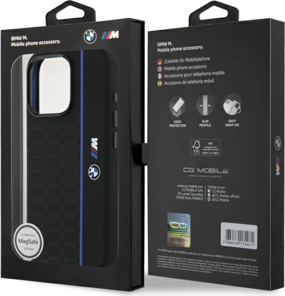 Mbështjellës BMW Silicone Hexagon Blue Line MagSafe për iPhone 16 Pro Max, Zi