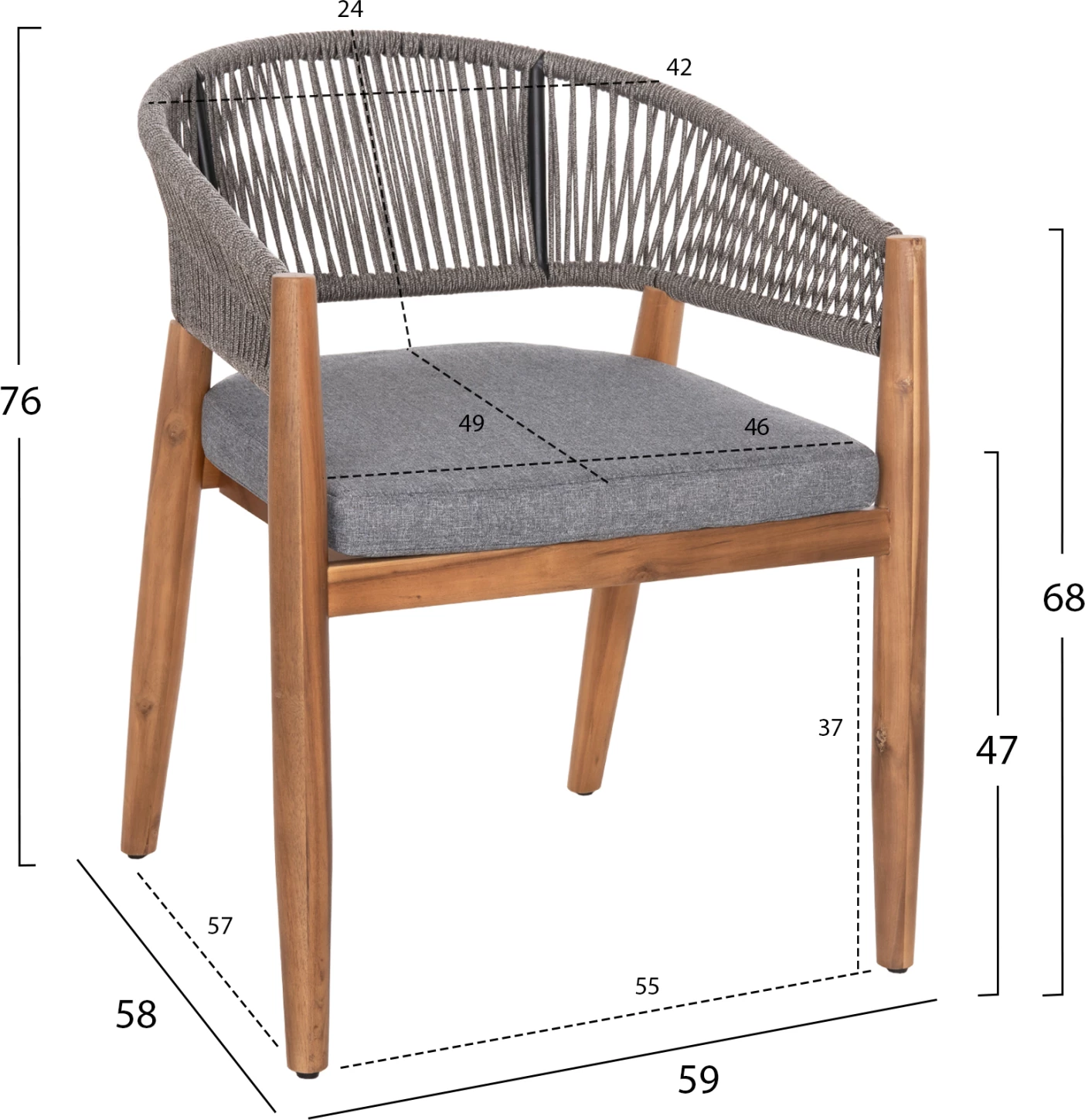 Tavolinë me karrige për terasë 9 copë NAVANT FH21066.01, dru akacie, litar gri