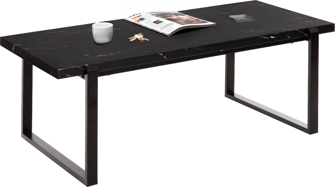 Tavolinë kafeje, FH9585.01, sipërfaqe tavoline MDF, ngjyrë mermeri të zi, bazë metalike e zezë, 120x60x46H cm