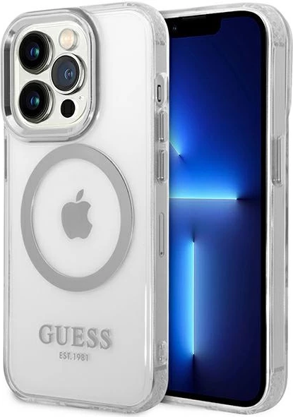 Mbështjellës Guess Metal Outline Magsafe për iPhone 14 Pro Max 6.7", argjendtë/transparente