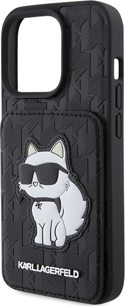 Mbështjellës Karl Lagerfeld Saffiano Cardslots & Stand Monogram Choupette për iPhone 15 Pro, e zezë
