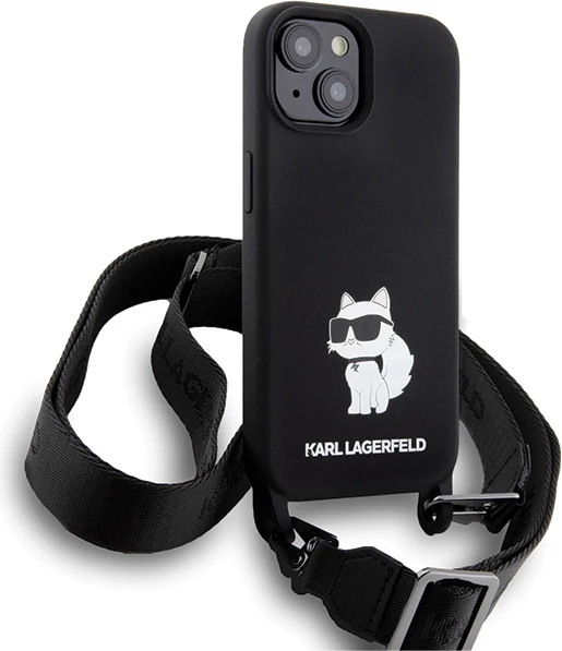 Mbështjellës Karl Lagerfeld Crossbody Silicone Choupette për iPhone 15 6.1", i zi me rrip