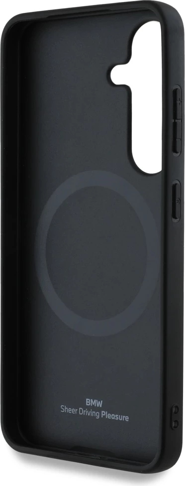 Mbështjellës BMW Leather Half Textured MagSafe për Samsung Galaxy S25, i zi